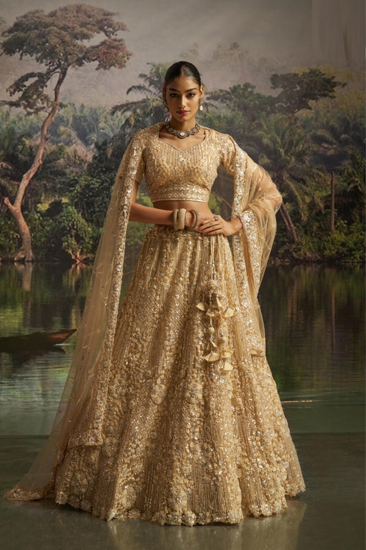Opalescent Beige Soft Net Bridal Lehenga Set