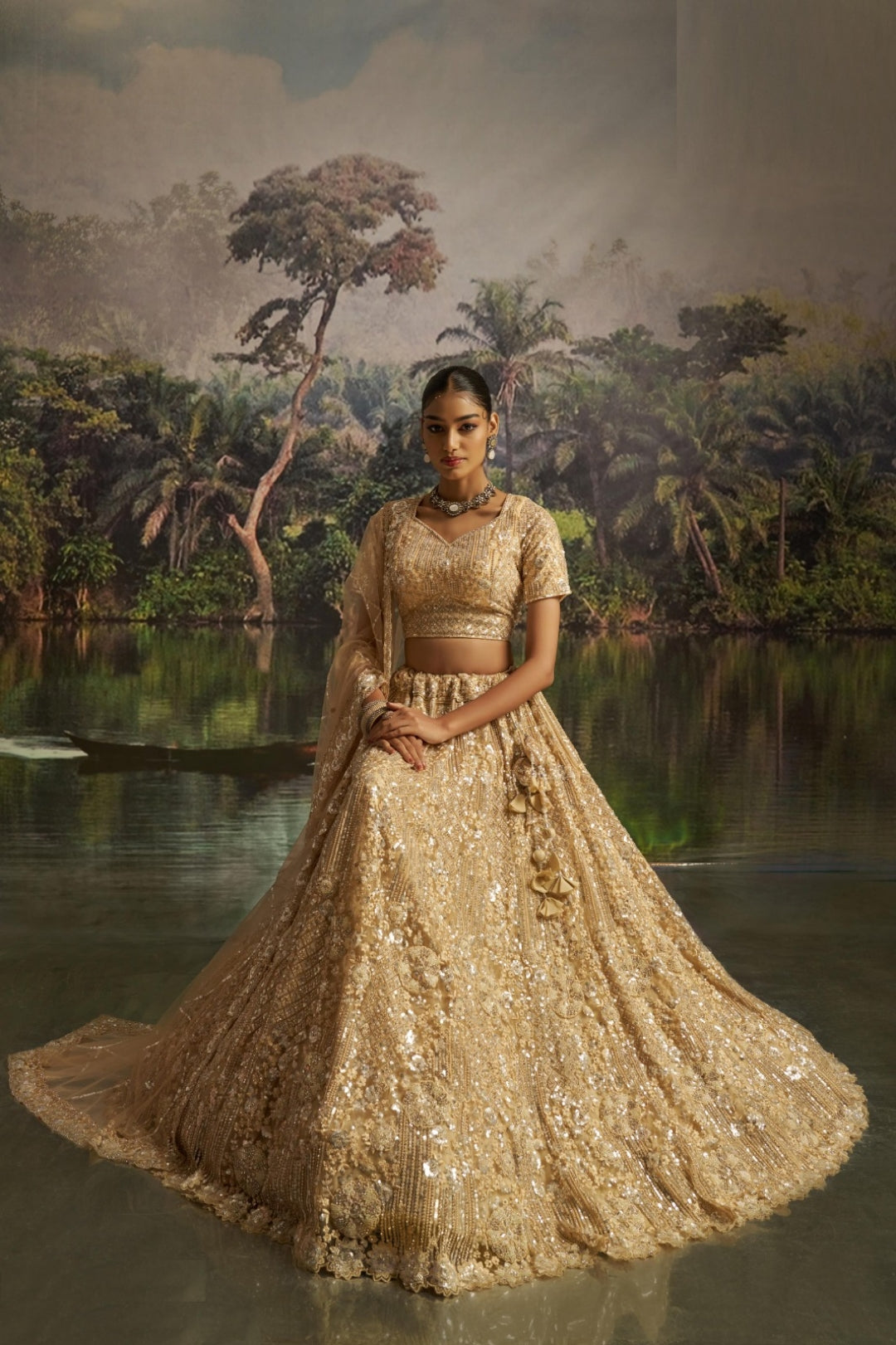 Opalescent Beige Soft Net Bridal Lehenga Set