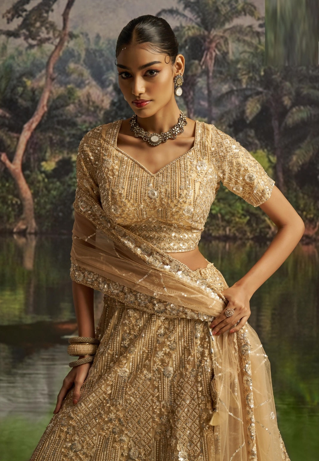 Opalescent Beige Soft Net Bridal Lehenga Set