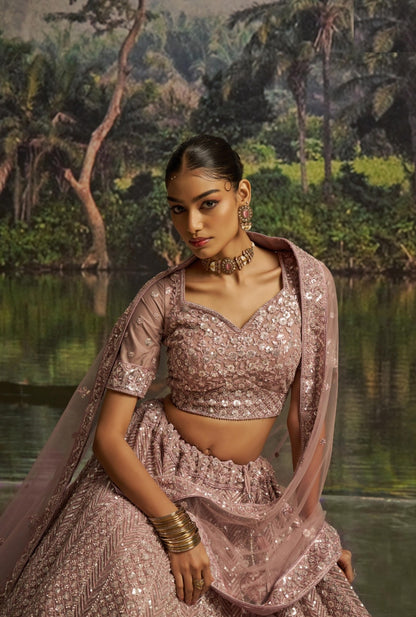 Luxe Mauve Soft Net Bridal Lehenga Set