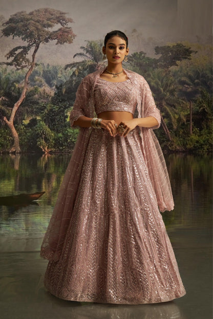 Vivid Light Pink Soft Net Bridal Lehenga Set