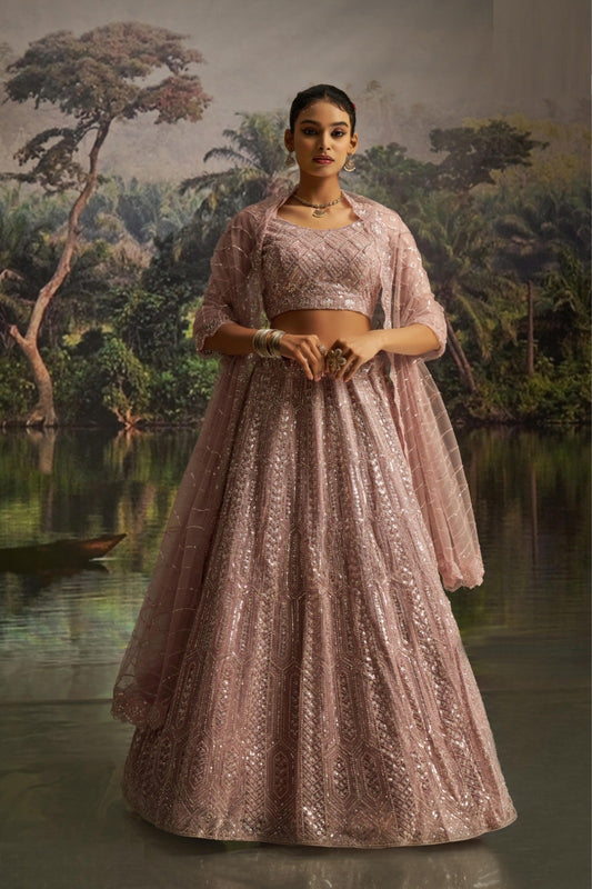 Vivid Light Pink Soft Net Bridal Lehenga Set