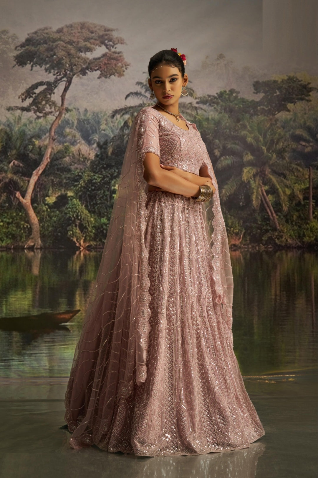 Vivid Light Pink Soft Net Bridal Lehenga Set
