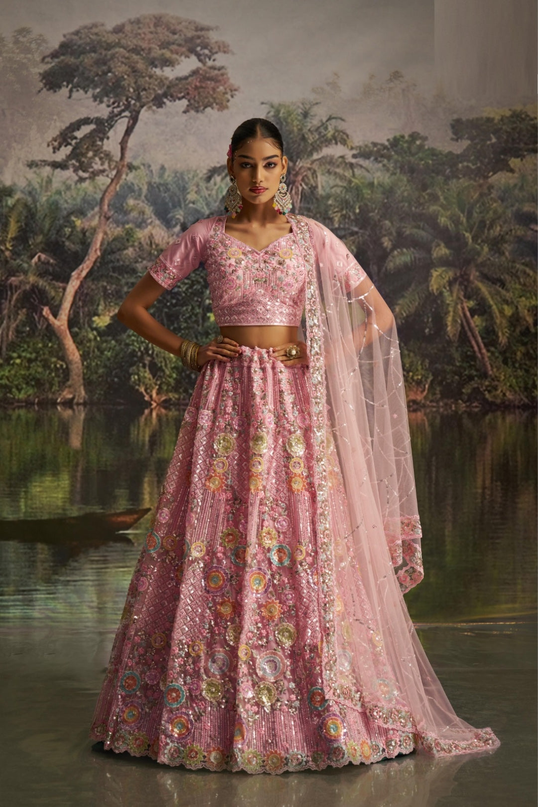 Sculpted Baby Pink Soft Net Bridal Lehenga Set