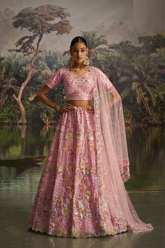 Sculpted Baby Pink Soft Net Bridal Lehenga Set