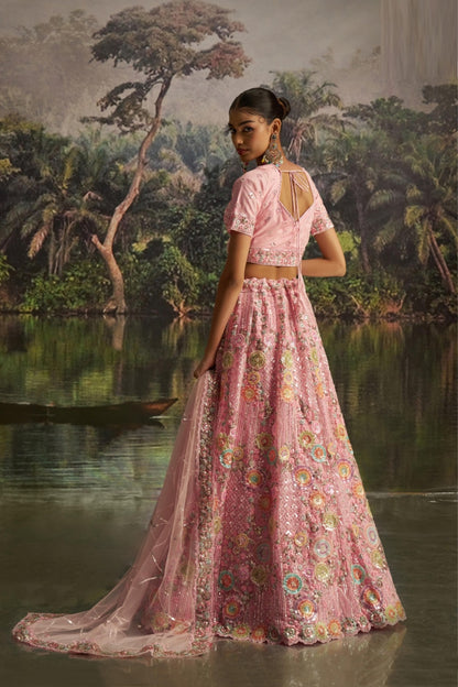 Sculpted Baby Pink Soft Net Bridal Lehenga Set