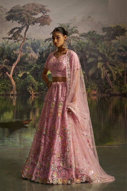 Sculpted Baby Pink Soft Net Bridal Lehenga Set