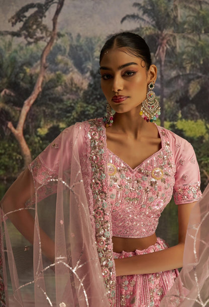 Sculpted Baby Pink Soft Net Bridal Lehenga Set