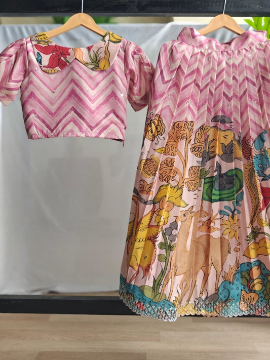 Pink Multicolor Tussar Silk Kids Lehenga Set