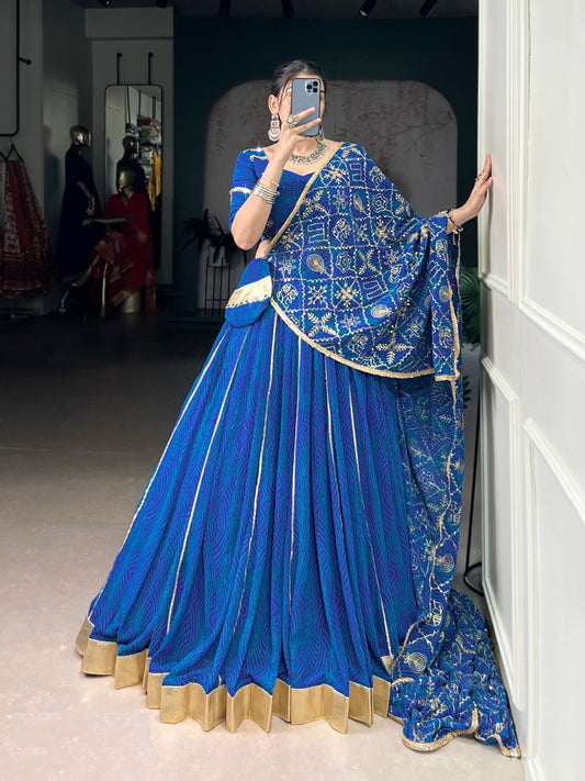 Vibrant Royal Blue Georgette Bandhani Print Traditional Lehenga Set