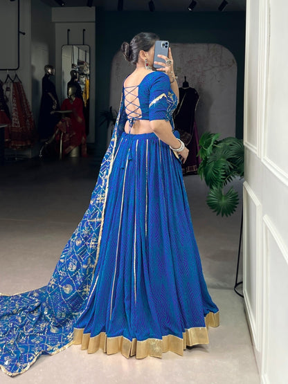 Vibrant Royal Blue Georgette Bandhani Print Traditional Lehenga Set