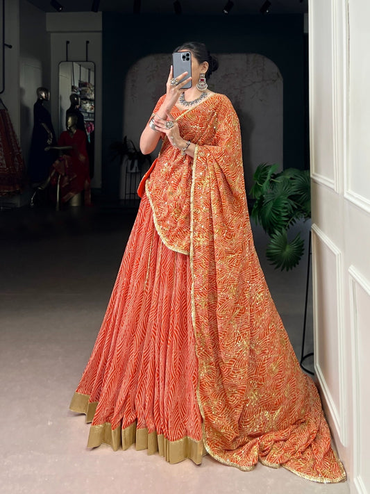 Contemporary Orange Georgette Bandhani Print Traditional Lehenga Set