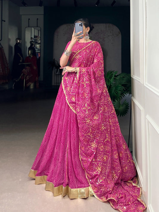 Understated Pink Georgette Bandhani Print Traditional Lehenga Set