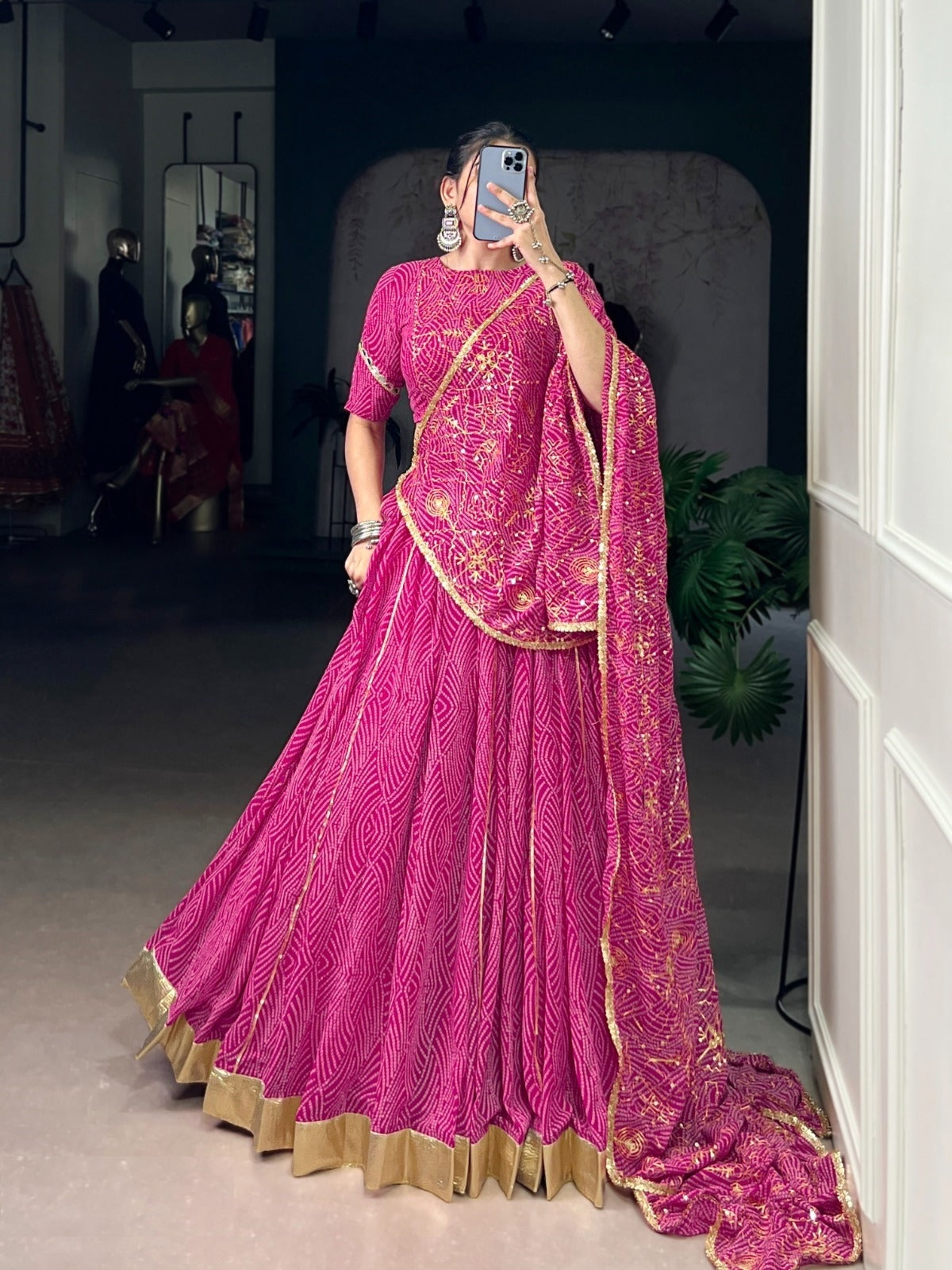 Understated Pink Georgette Bandhani Print Traditional Lehenga Set