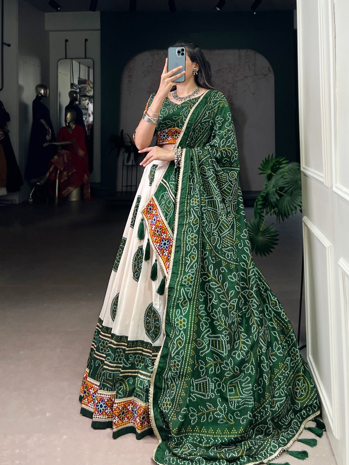 Classy White And Green Tussar Silk Festive Wear Lehenga Set