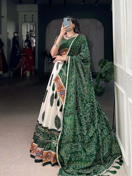 Classy White And Green Tussar Silk Festive Wear Lehenga Set