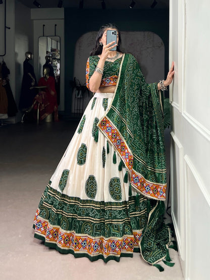 Classy White And Green Tussar Silk Festive Wear Lehenga Set