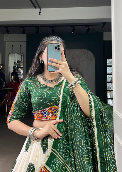 Classy White And Green Tussar Silk Festive Wear Lehenga Set
