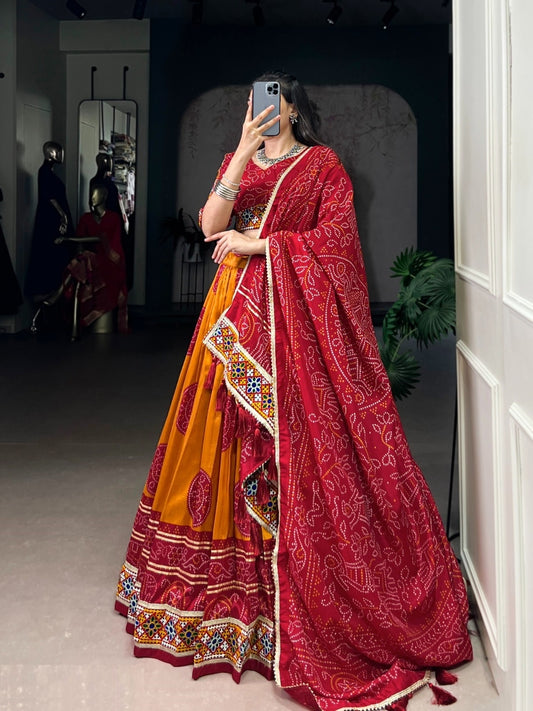 Stylish Mustard And Maroon Tussar Silk Festive Wear Lehenga Set
