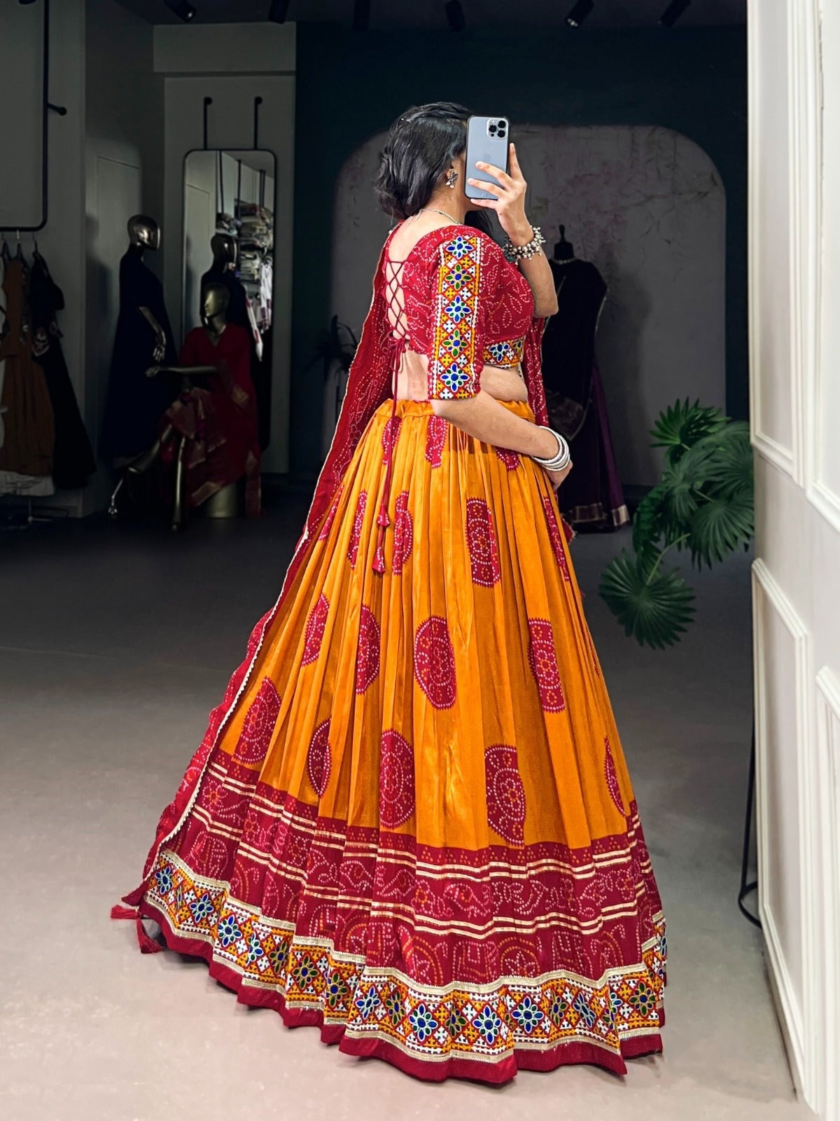 Stylish Mustard And Maroon Tussar Silk Festive Wear Lehenga Set