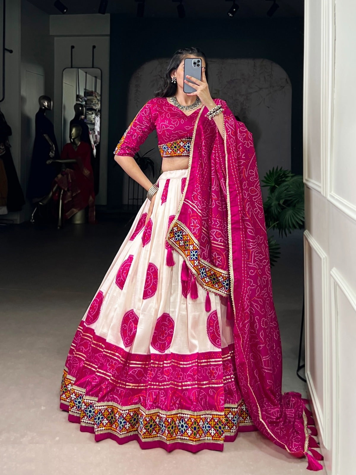 Sleek White And Pink Tussar Silk Festive Wear Lehenga Set