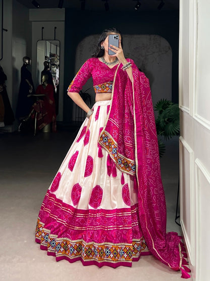 Sleek White And Pink Tussar Silk Festive Wear Lehenga Set