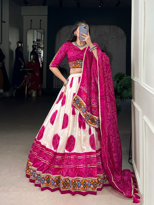 Sleek White And Pink Tussar Silk Festive Wear Lehenga Set