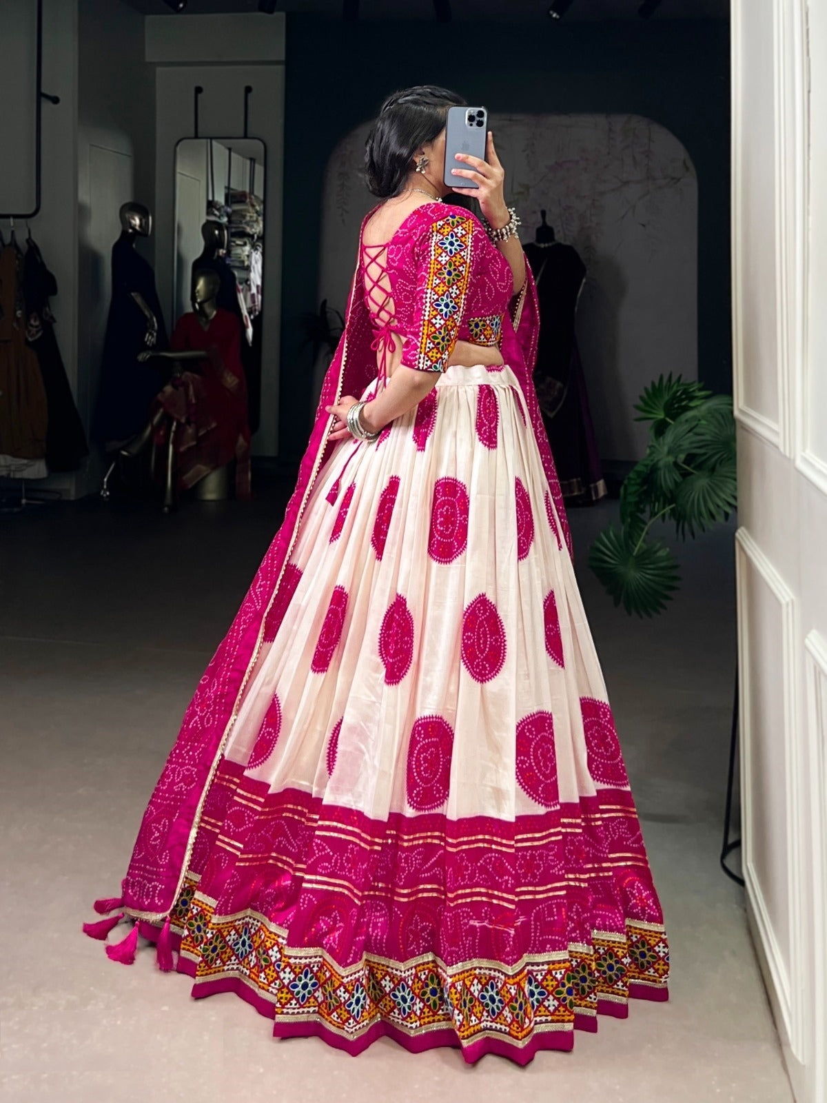 Sleek White And Pink Tussar Silk Festive Wear Lehenga Set