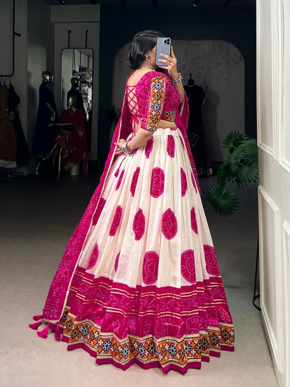 Sleek White And Pink Tussar Silk Festive Wear Lehenga Set