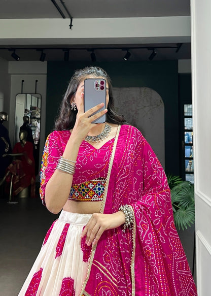 Sleek White And Pink Tussar Silk Festive Wear Lehenga Set