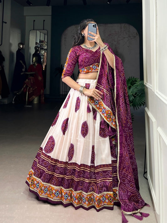 Exquisite White And Purple Tussar Silk Festive Wear Lehenga Set