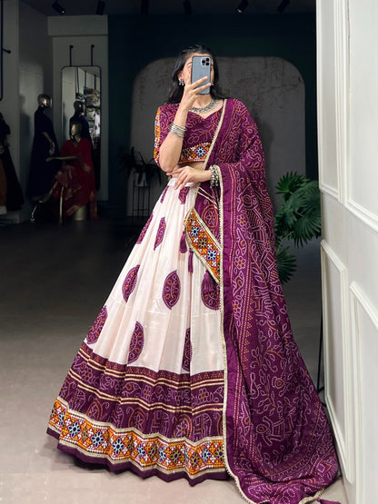 Exquisite White And Purple Tussar Silk Festive Wear Lehenga Set