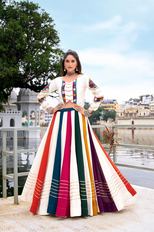 Tailored Multicolor Rayon Gota Patti Lace Work Festive Wear Lehenga Set