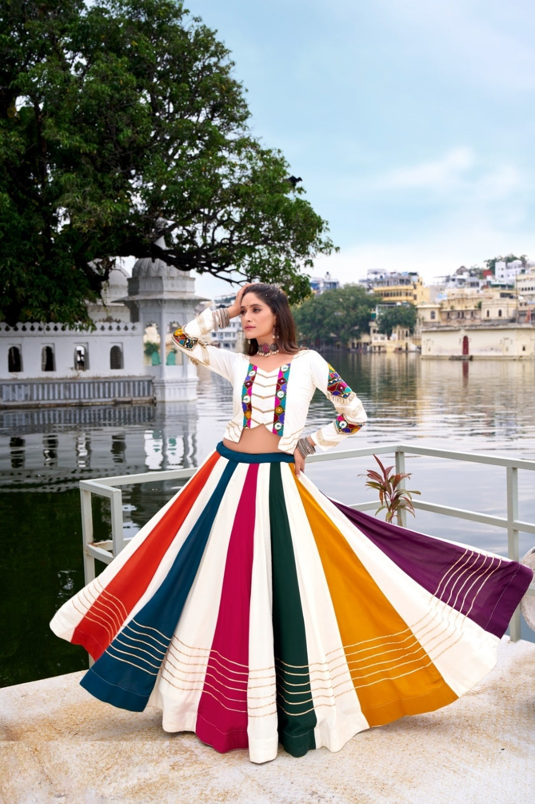 Tailored Multicolor Rayon Gota Patti Lace Work Festive Wear Lehenga Set