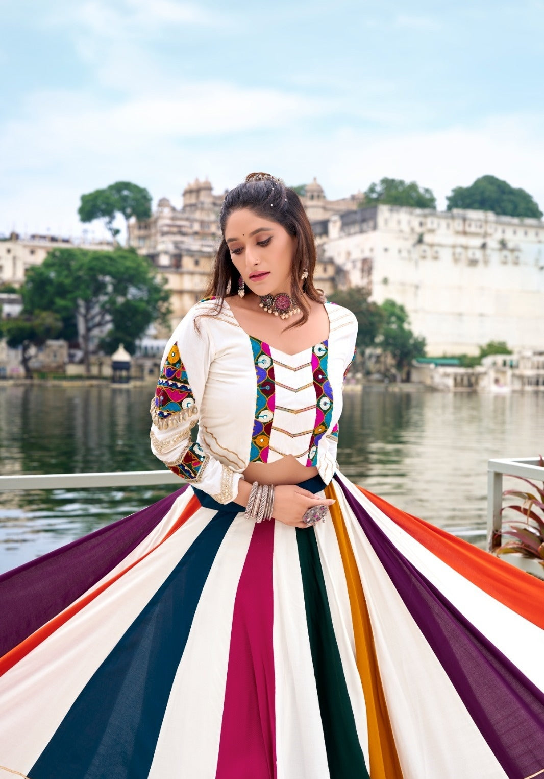 Tailored Multicolor Rayon Gota Patti Lace Work Festive Wear Lehenga Set