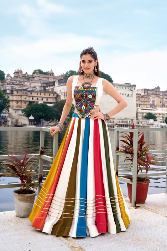 Polished Multicolor Rayon Gota Patti Lace Work Festive Wear Lehenga Set