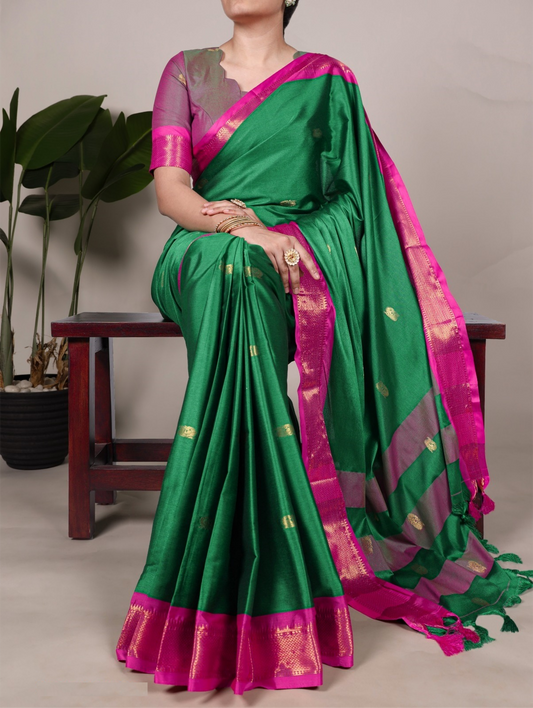 Stylish Green And Pink Cotton Silk Soft Silk Saree