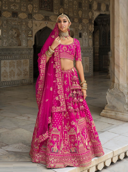 Sophisticated Pink Heavy Silk Bridal Lehenga Set