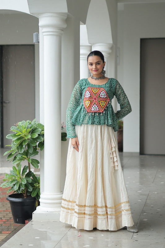 Graceful Off White And Green Cotton With Attractive Gota Patti Lace Work Festive Wear Lehenga Set