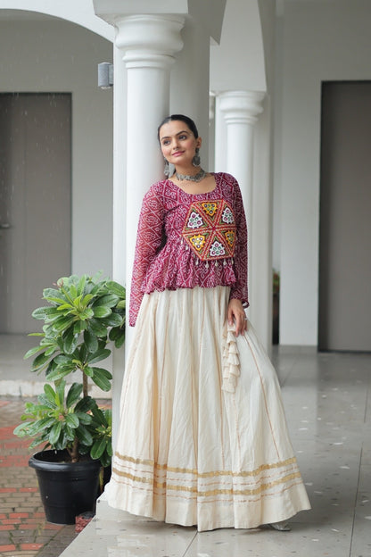 Trendy Off White And Maroon Cotton With Attractive Gota Patti Lace Work Festive Wear Lehenga Set