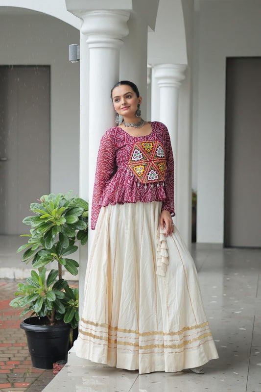 Trendy Off White And Maroon Cotton With Attractive Gota Patti Lace Work Festive Wear Lehenga Set