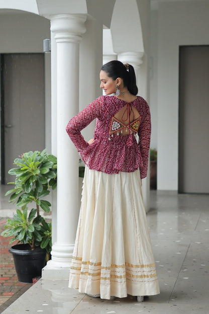 Trendy Off White And Maroon Cotton With Attractive Gota Patti Lace Work Festive Wear Lehenga Set
