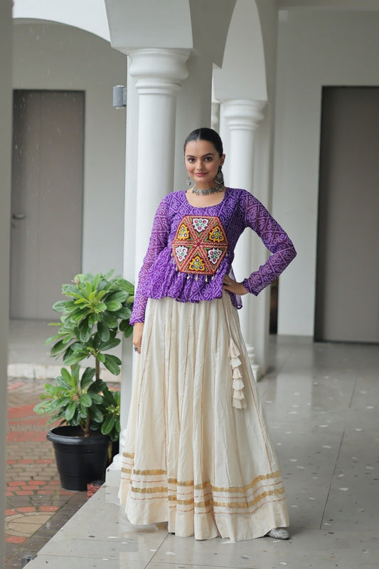 Dazzling Off White And Blue Cotton With Attractive Gota Patti Lace Work Festive Wear Lehenga Set