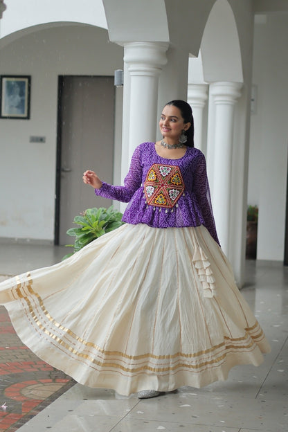 Dazzling Off White And Blue Cotton With Attractive Gota Patti Lace Work Festive Wear Lehenga Set