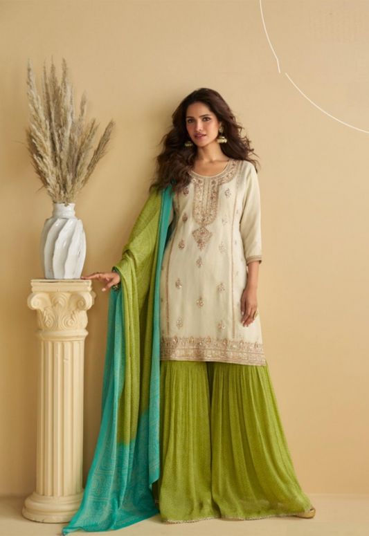 Radiant White And Green Chinon Silk With Embroidery Work Gharara Bottom Suit Set