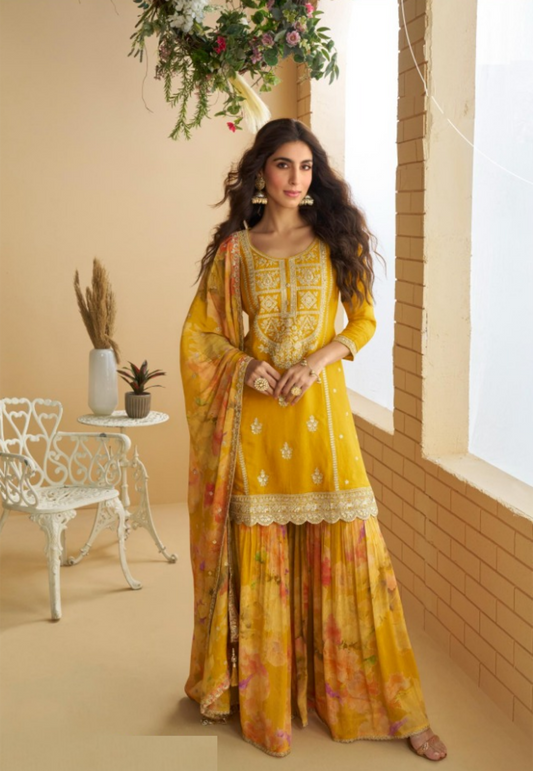 Breathtaking Mustard Chinon Silk With Embroidery Work Gharara Bottom Suit Set