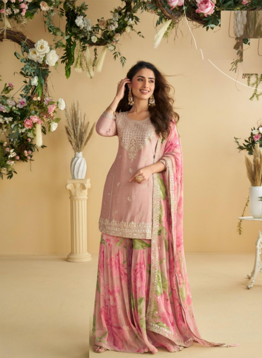 Gleaming Pink Chinon Silk With Embroidery Work Gharara Bottom Suit Set