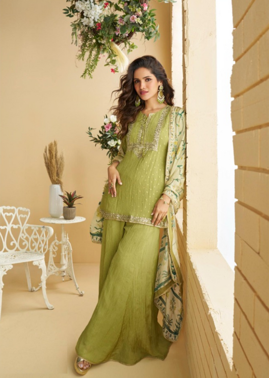 Opalescent Pista Green Chinon Silk With Embroidery Work Gharara Bottom Suit Set