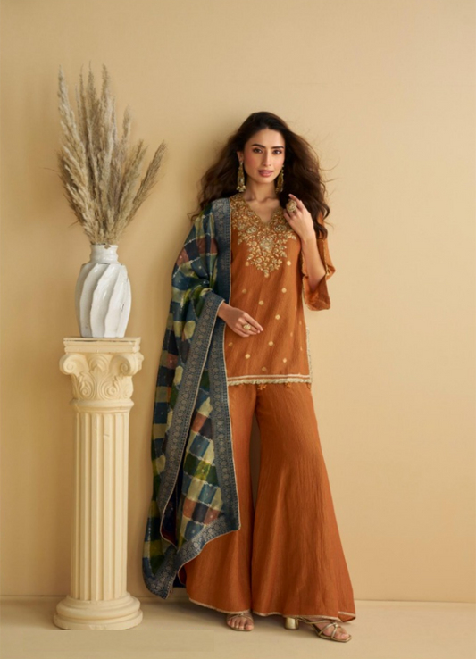 Luxe Brown Chinon Silk With Embroidery Work Gharara Bottom Suit Set