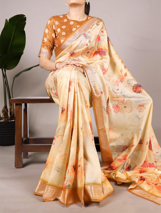 Dazzling Beige And Orange Tussar Silk Floral Print Saree